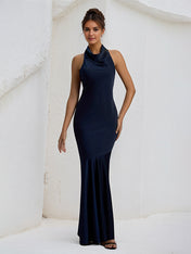 Navy Satin Halter Neck Open Back Floor Length Formal Party Dress with Bow