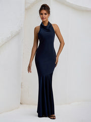 Navy Satin Halter Neck Open Back Floor Length Formal Party Dress with Bow