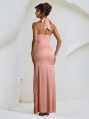 Pink Halter Neck Sleeveless Ankle Length Ruffles Dress with Bow