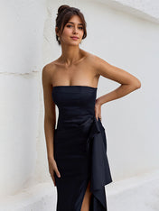 Black Satin Off the Shoulder Sleeveless Ruffles Dress with High Slit