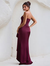 Wine Red Satin Off the Shoulder Sleeveless Ruffles Dress with High Slit