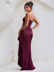 Wine Red Satin Off the Shoulder Sleeveless Ruffles Dress with High Slit