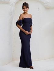 Navy Chiffon Strapless Floor Lenght Sheath Dress with Bow Sleeves