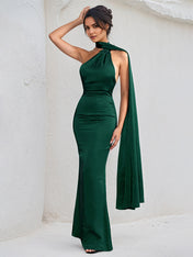 Green Satin Halter Neck Sleeveless Open Back Floor Length Dress