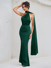 Green Satin Halter Neck Sleeveless Open Back Floor Length Dress