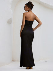 Black Stretch Crepe Off the Shoulder Sleeveless Asymmetrical Length Dress with Slit