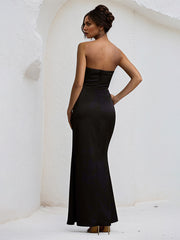 Black Stretch Crepe Off the Shoulder Sleeveless Asymmetrical Length Dress with Slit