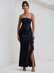 Black Satin Off the Shoulder Sleeveless Ruffles Dress with High Slit