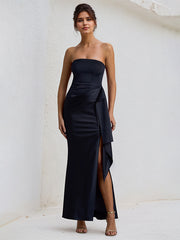 Black Satin Off the Shoulder Sleeveless Ruffles Dress with High Slit