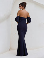Navy Chiffon Strapless Floor Lenght Sheath Dress with Bow Sleeves