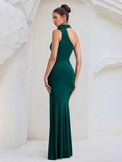 Green Stretch Crepe One Shoulder  Asymmetrical Length High Slit Dress with Flowers