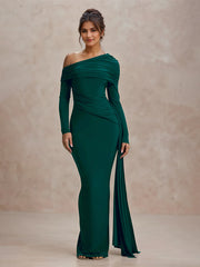 Green Formal Party One Shoulder Long Sleeves Floor Length Pleated Dress
