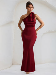 Wine Red Stretch Crepe One Shoulder Sleeveless Floor Length Dress with Bow