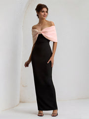 Pink&Black Chiffon Off the Shoulder Ankle Length Formal Party Dress with Oversized Bow