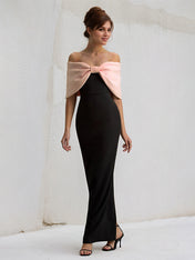 Pink&Black Chiffon Off the Shoulder Ankle Length Formal Party Dress with Oversized Bow