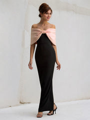 Pink&Black Chiffon Off the Shoulder Ankle Length Formal Party Dress with Oversized Bow