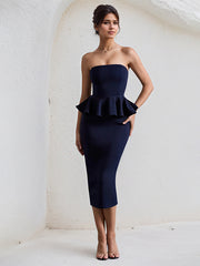 Navy Chiffon Strapless Sleeveless Tea Length Dress with Peplum Detail