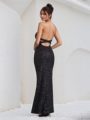 Black Sequins Halter Neck Open Back Asymmetrical Length  Dress with High Slit