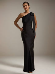 Black Satin One Shoulder Floor Length Formal Party Dress with Bow