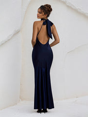 Navy Satin Halter Neck Open Back Floor Length Formal Party Dress with Bow