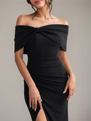 Black Formal Party Off the Shoulder Floor Length Dress with High Slit