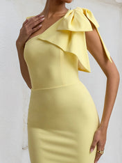 Yellow Chiffon One Shoulder Tea Length  Dress with Bow