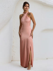 Pink Halter Neck Sleeveless Ankle Length Ruffles Dress with Bow
