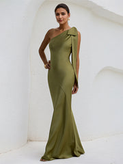 Olive Green Satin One Shoulder Sleeveless Floor Lenght Dress with Bow