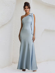 Blue Satin One Shoulder Floor Length Formal Party Dress with Bow
