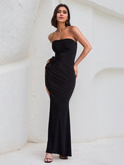 Black Chiffon Off the Shoulder Floor Length High Slit Dress with Flowers