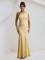 Yellow Satin One Shoulder Floor Length Formal Party Dress with Bow