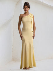 Yellow Satin One Shoulder Floor Length Formal Party Dress with Bow
