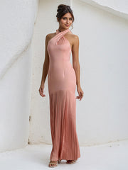 Pink Halter Neck Sleeveless Ankle Length Ruffles Dress with Bow