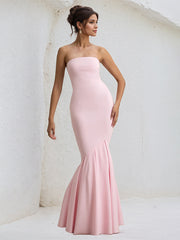 Pink Chiffon Off the Shoulder Floor Length Pleated Mermaid Dress