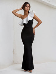 Black&White One Shoulder Floor Length Ruffled Formal Party Dress