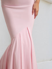 Pink Chiffon Off the Shoulder Floor Length Pleated Mermaid Dress