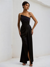 Black Stretch Crepe Off the Shoulder Sleeveless Asymmetrical Length Dress with Slit