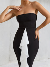 Black Stretch Crepe Off the Shoulder Asymmetrical Length Dress with Ruffled Slit