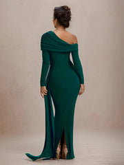 Green Formal Party One Shoulder Long Sleeves Floor Length Pleated Dress
