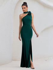 Green Stretch Crepe One Shoulder  Asymmetrical Length High Slit Dress with Flowers