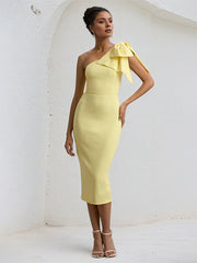 Yellow Chiffon One Shoulder Tea Length  Dress with Bow