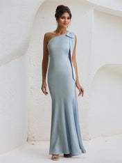 Blue Satin One Shoulder Floor Length Formal Party Dress with Bow