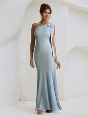 Blue Satin One Shoulder Floor Length Formal Party Dress with Bow