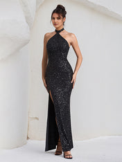 Black Sequins Halter Neck Open Back Asymmetrical Length  Dress with High Slit