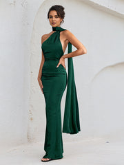 Green Satin Halter Neck Sleeveless Open Back Floor Length Dress