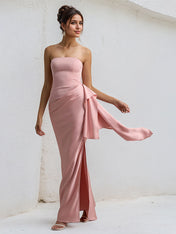Pink Satin Off the Shoulder Sleeveless Ruffles Dress with High Slit