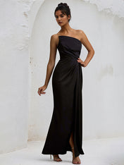 Black Stretch Crepe Off the Shoulder Sleeveless Asymmetrical Length Dress with Slit