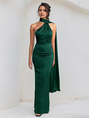 Green Satin Halter Neck Sleeveless Open Back Floor Length Dress