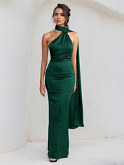 Green Satin Halter Neck Sleeveless Open Back Floor Length Dress
