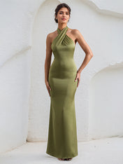 Green Satin Cross Over Halter Neck Open Back Floor Length Formal Party Dress